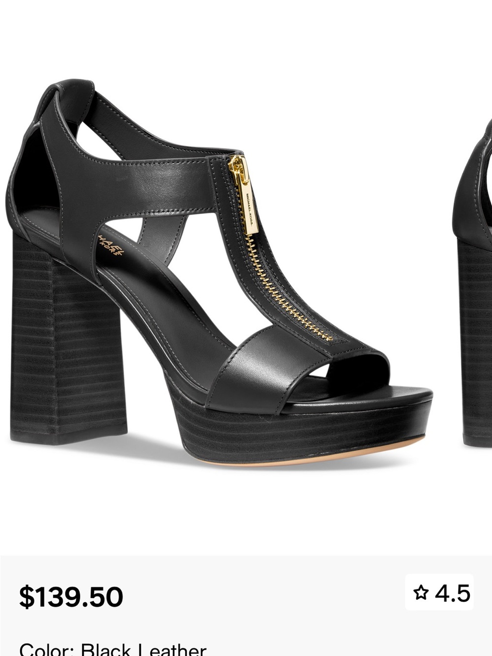 MICHAEL Michael Kors Black Leather T‑Strap Heels with Gold Zip